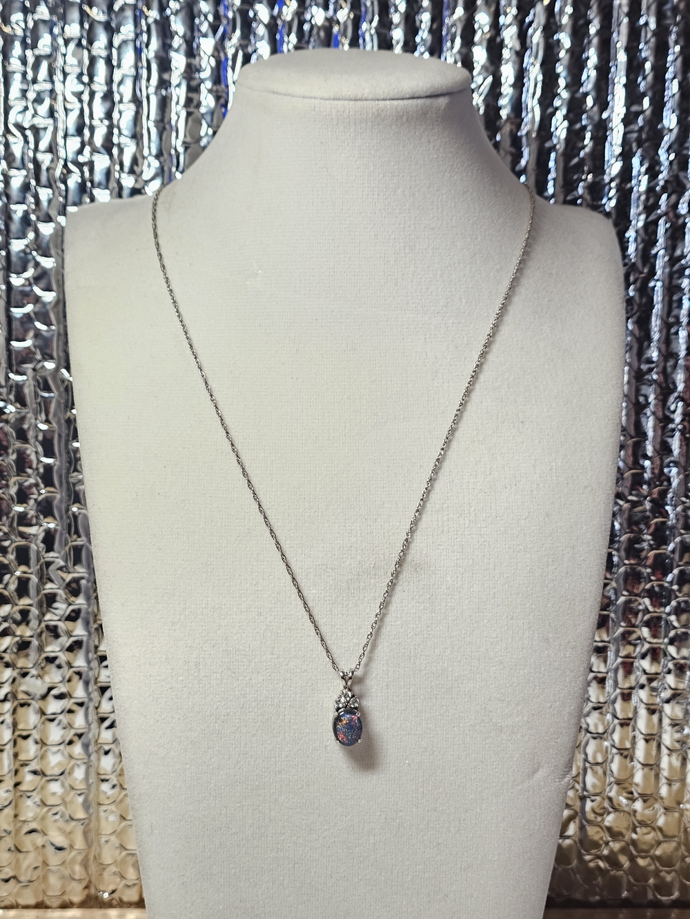 Sterling Silver 925 Necklace with Glass Blue Opal Pendant 17"-19"